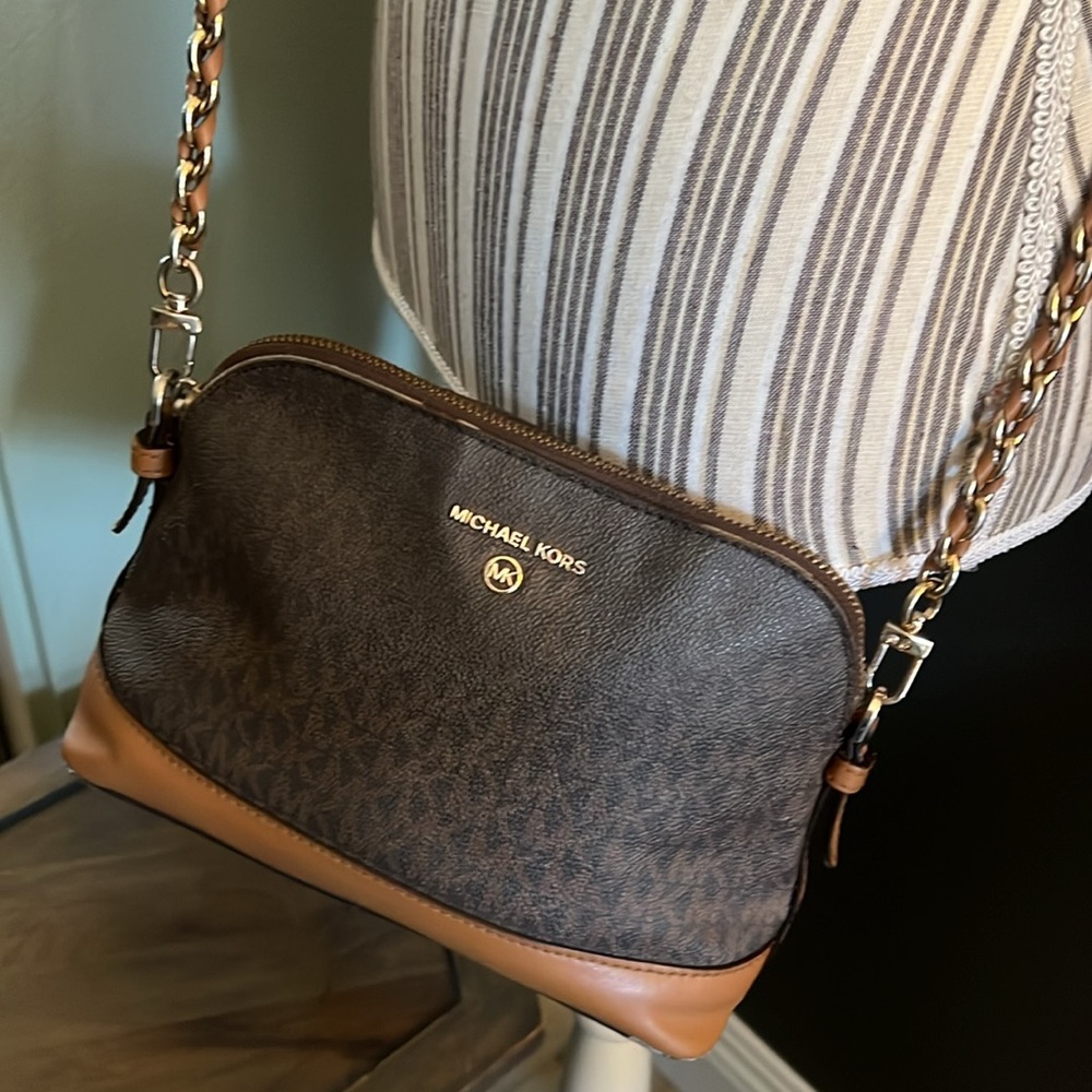 Michael Kors, Dark Brown and Tan Crossbody Bag, gold tone details - Picture 2 of 13